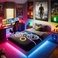 a bedroom with neon lights and posters on the wall