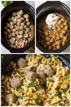 three pictures showing different types of pasta and meatballs in the slow cooker, with text overlay