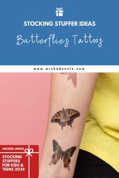 a butterfly tattoo on the arm with text reading stocking stuff ideas butterflies tattoos