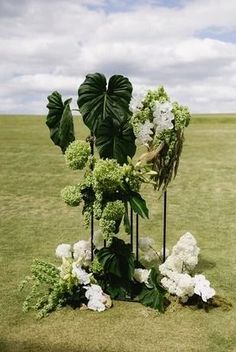 an arrangement of flowers and plants in the middle of a grassy field on a cloudy day