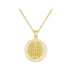 Crafted from 14k gold, this Our Lady of Grace Miraculous Medal pendant is a daily reminder of your faith. Crafted from 14k gold, this Our Lady of Grace Miraculous Medal pendant is a daily reminder of your faith. Chain length: 18 in. Chain type: rope Clasp: spring-ring Metal: 14k gold Finish: polished Inscription: "O Mary Conceived Without Sin Pray For Us Who Have Recourse To Thee" Packaging: boxed Please note, due to the high value of this item, a signature may be required upon delivery. Size: 1 Round Miraculous Medal Necklace For Anniversary, Miraculous Medal Necklace With Round Pendant For Anniversary, Anniversary Necklace With Miraculous Medal Pendant, Commemorative Jewelry With Miraculous Medal, Anniversary Necklace With Miraculous Medal, 14k Gold Miraculous Medal Jewelry, Miraculous Medal Necklace For Anniversary, 14k Gold Necklace With Miraculous Medal For Anniversary, 14k Gold Miraculous Medal Necklace For Anniversary