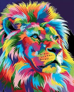 a colorful lion with blue eyes on a black background