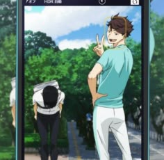 an anime scene with two people standing in front of the camera and one person holding up his hand