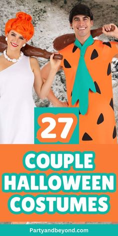 two people dressed up in costumes with the text 27 couples halloween costumes for adults and kids