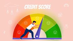 a man standing in front of a large scale with the words credit score on it