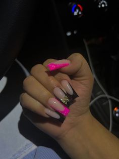 Pink Nd Black Acrylic Nails, Nails For Graduation Black, Pink And Black Nails Birthday, Pink And Black Nail Inspo Acrylic, Pink With Black French Tip Nails, Short Nails Black And Pink, Short Black Freestyle Nails, Frenchies With Design Nails, Graduation Nails Ideas 2023 Black