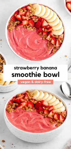 strawberry banana smoothie bowl with yogurt and dairy - free granola on top