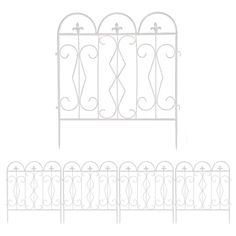 a white iron fence with four different designs