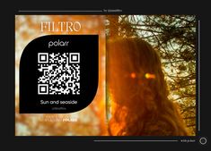 a woman standing in front of a tree with the sun shining through her hair and behind her is a qr code