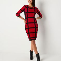 Make a style statement at the office or your next drinks date with this bold windowpane patterned sweater dress from Danny & Nicole's women's collection. It's made from a soft stretchy two-tone knit with a fitted knee-length silhouette, 3/4 sleeves and a crew neckline. Wear it with ankle boots.Features: Stretch FabricClosure Type: Pullover HeadNeckline: Crew NeckSleeve Length: 3/4 SleeveSleeve Style: Fitted SleeveApparel Length: 41 Inches - FrontDress Length: Knee LengthFiber Content: 78% Rayon… Fitted Red Plaid Dress For Fall, Red Fitted Plaid Dress For Fall, Fitted Plaid Dress For Winter Workwear, Winter Workwear Dresses With 3/4 Sleeves, Winter Plaid Fitted Dress For Work, Medium Dress, Large Dress, Pattern Sweater, Women Collection