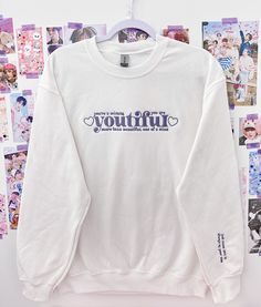 "This is a adult unisex white crewneck sweatshirt with our youtiful inspired design embroidered on the front and \"just know skz is always by your side\" embroidered on the sleeve! This is embroidered in a misty purple grey color!  no cancelations, refunds, exchanges or returns as these are made to order products!  sizing chart in photos" Oversized White Sweatshirt With Letter Embroidery, White Casual Sweatshirt With Letter Embroidery, White Sweatshirt With Embroidered Graphics, White Cotton Sweater With Letter Embroidery, White Casual Sweater With Embroidered Graphics, White Relaxed Fit Sweatshirt With Embroidered Graphics, White Cotton Sweater With Embroidered Graphics, White Cotton Sweater With Embroidered Text, White Embroidered Sweater For Streetwear