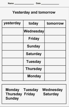 a worksheet with the days and numbers for each day