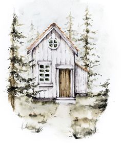 a watercolor painting of a small white cabin in the woods