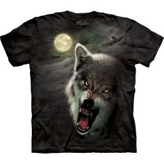 a t - shirt with an image of a wolf in front of a full moon