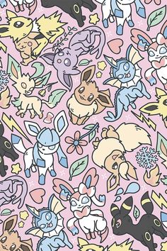 many different types of pokemon characters on a pink background