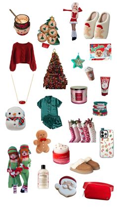 christmas items are arranged in the shape of a collage on a white background, including socks, sweaters and other holiday decorations