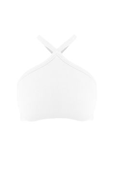 Front and back crossway halter neck ribbed crop top Slip on closure We recommend wearing pasties or no bra with this garment Runs true to size Fitted Crisscross Crop Top With Built-in Bra, White Halter Neck Crop Top With Built-in Bra, White Halter Neck Top Bra Friendly, Stretch Bandage Crop Top, White Halter Neck Top With Bra-friendly Design, White Halter Neck Top, Bra-friendly, Fitted Crop Top With Crisscross Straps, Stretch Bandage Halter Neck Crop Top, Stretch Halter Top With Crisscross Straps