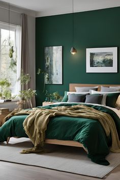 a bedroom with green walls and bedding in the center, along with two windows