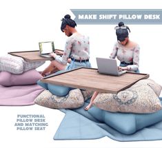 two women sitting on bean bags using laptops and pillows to make shift pillow desk