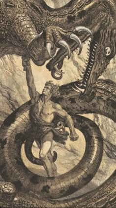 a drawing of a man being attacked by a dragon