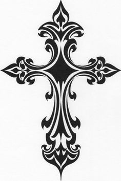 a black and white drawing of a cross on a sheet of paper with an ornate design