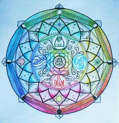 a drawing of a colorful circle with symbols on it