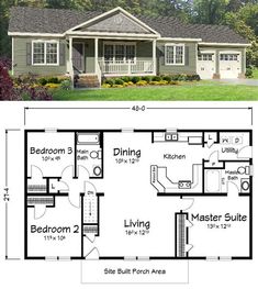 the floor plan for a small house with two bedroom and an attached garage, which is also