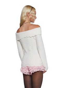 This sweater top has an acrylic cable knit construction, a fold-over off-the-shoulder neckline, a scalloped knit trim on the cuffs and neckline, a satin criss-cross interlaced ribbon design on the front, and front self-tie bows. Shoulder Cable, Sugar Thrillz, Ribbon Design, Fairy Dress, Kawaii Fashion, Dolls Kill, Exclusive Collection, Criss Cross, Online Boutique