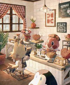 an animated image of a kitchen with food on the counter and stuffed animals in the corner