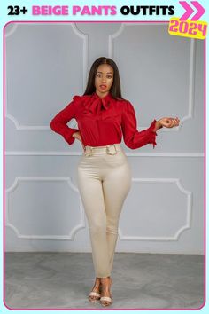 Beige pants and a bold red blouse for a sleek, stylish outfit. This tailored combination creates a polished, sophisticated look, ideal for making a statement without going over the top. Beige Outfit, Red Blouse, Stylish Outfit, Red Blouses