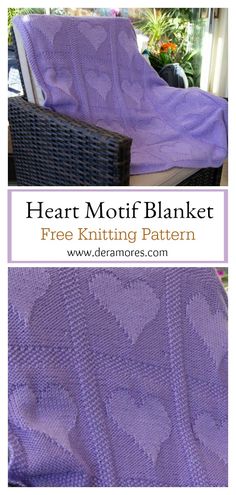 a purple blanket sitting on top of a chair next to a wicker chair with the words, heart motif blanket free knitting pattern