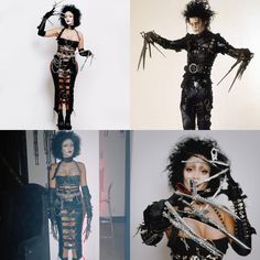 four pictures of women dressed in costumes and holding scissors, with one woman's hands on her hips