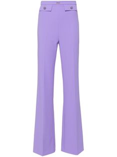 lavender purple stretch crepe high-waisted logo plaque faux pocket detail logo-embossed buttons pressed crease flared side zip fastening Purple Elastane Bottoms For Spring, Purple Formal Full-length Bottoms, Purple Full Length Formal Bottoms, Formal Full-length Purple Bottoms, Full Length Purple Formal Bottoms, Elegant Purple Straight Leg Bottoms, Purple Straight Pants For Formal Occasions, Elegant Full-length Purple Bottoms, Elegant Fitted Lavender Bottoms