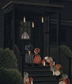 two children are standing on the steps in front of a house with pumpkins and candles