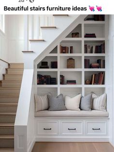 a room with some bookshelves and stairs