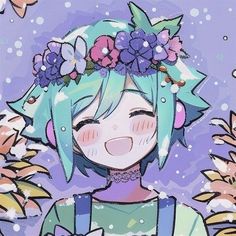 a girl with blue hair and flowers on her head is standing in front of butterflies