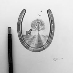 a pencil drawing of a horse in the middle of a road with a tree on it