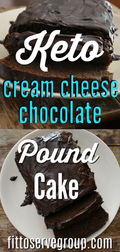 chocolate cake on a plate with the words keto cream cheese chocolate pound cake