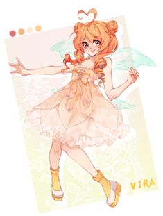 a drawing of a girl dressed as a fairy with orange hair and yellow shoes, holding her arms out