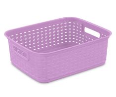 a purple plastic basket with holes on the sides and handles is shown in front of a white background