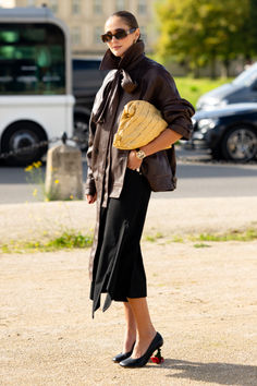 Photographer: Karya Schanilec Brown Leather Jacket, Paris Fashion, Paris Fashion Week, Maxi Skirt, Brown Leather, Outfit Inspirations, Fashion Week, Cute Outfits, Leather Jacket