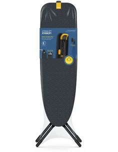 a black and yellow ironing board with two tools in the back pocket on a white background