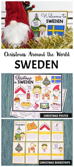 christmas around the world sweden poster with santa claus hat and other holiday related items on it