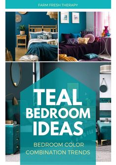 teal bedroom decor ideas with text overlay that reads, teal bedroom ideas bed room color combinations