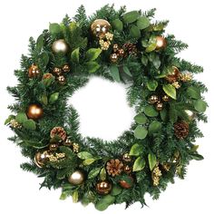 a christmas wreath with green leaves and gold baubies on white background stock photo