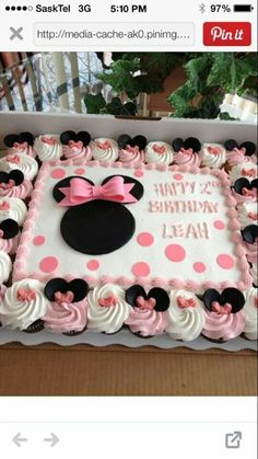 a minnie mouse birthday cake with pink and white frosting