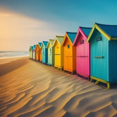 a row of colorful beach huts sitting on top of a sandy beach