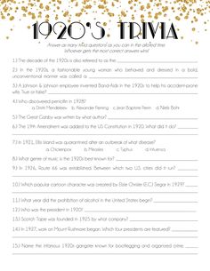 the answer sheet for 1920's trivia with gold confetti on it