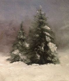 a painting of two trees in the snow