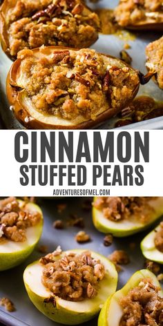 baked stuffed pears on baking sheet, unbaked stuffed pears on baking sheet with crumble and chopped pecans Stuffed Pears Desserts, Things To Make With Fresh Pears, What To Make With Pears, Pear Dumplings, Baked Pears Recipe, Stuffed Pears, Pears Recipes, Pear Recipes Easy